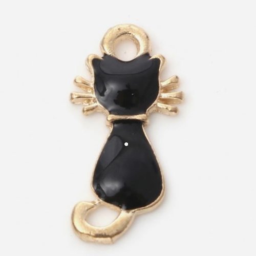 1 breloque pendentif chat noir - email - strass - métal doré - r894