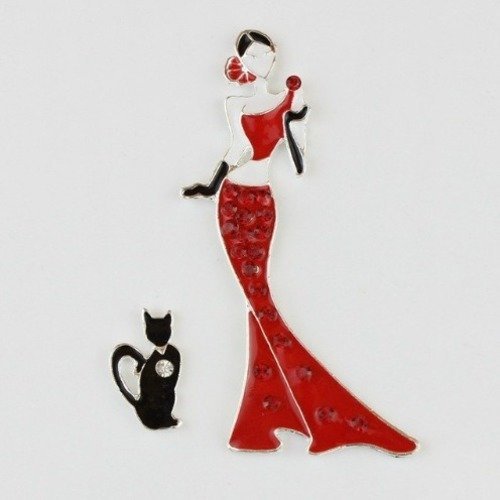 1 breloque pendentif femme en robe de soirée rouge - chat - strass - emaillé 