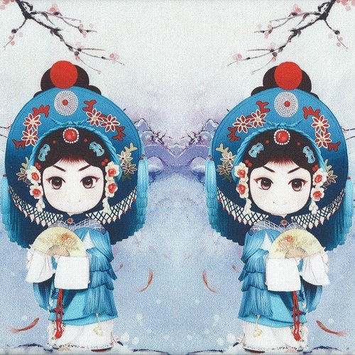 1 coupon tissu / appliqué / vignette - 24 x 24 cm - kawai - habit typique - tons bleus