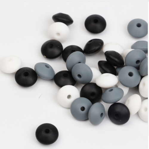 Lot de 10 perles lentilles en silicones - 12 x 7 mm - noir - gris - blanc 