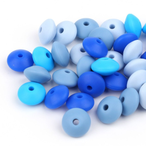 Lot de 10 perles lentilles en silicones - 12 x 7 mm - tons bleu