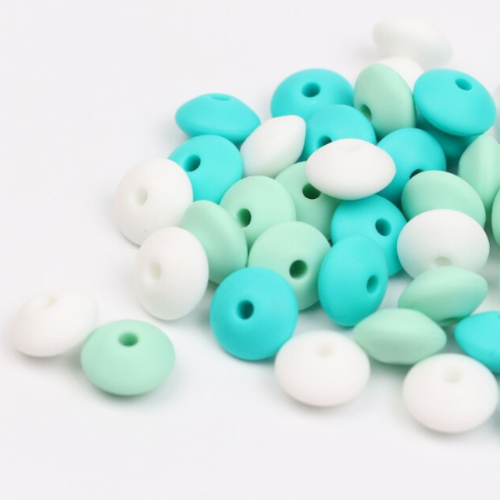 Lot de 10 perles lentilles en silicones - 12 x 7 mm - blanc -vert