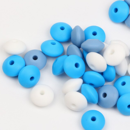 Lot de 10 perles lentilles en silicones - 12 x 7 mm - tons bleu - blanc