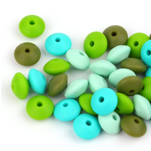 Lot de 10 perles lentilles en silicones - 12 x 7 mm - tons verts