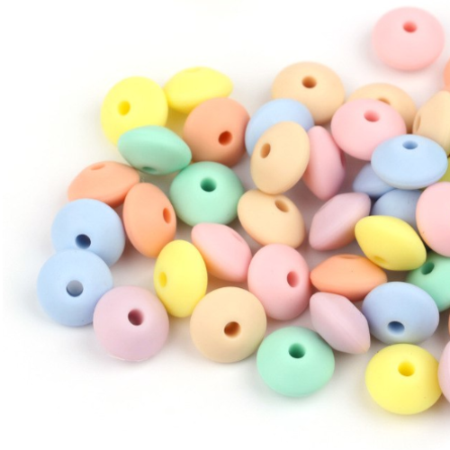 Lot de 10 perles lentilles en silicones - 12 x 7 mm - multicolores