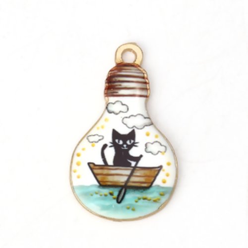 1 breloque pendentif ampoule - chat dans le bateau - email - métal doré