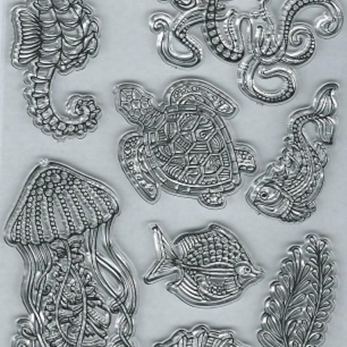 1 planche de tampons clear - thème mer - tortue - poisson - pieuvre