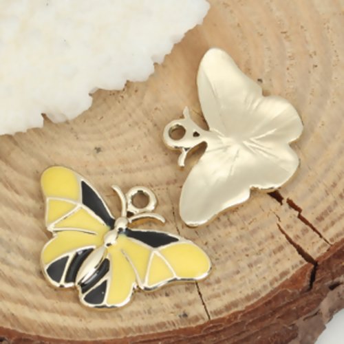 1 breloque pendentif papillon jaune et noir - email - métal doré