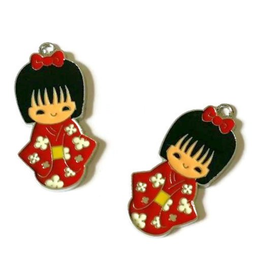 1 breloque pendentif geisha - kokeshi - poupée chinoise - émaillée rouge