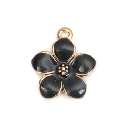 1 breloque - pendentif - fleurs -  émaillée noir nacré - métal doré - f829