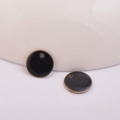 1 pendentif - sequin rond émaillé noir - cuivre - 10 mm - r104