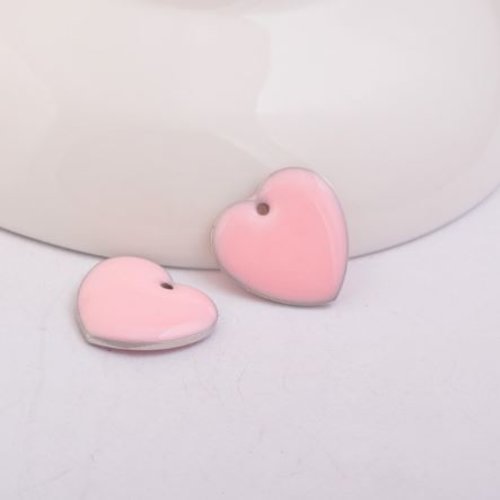 1 pendentif - sequin coeur - émaillé rose - laiton : r205