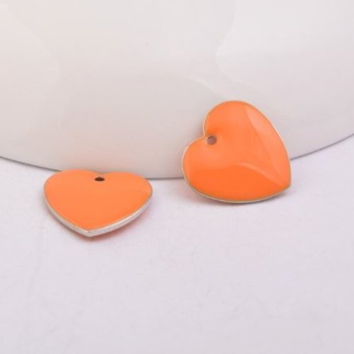 1 pendentif - sequin coeur - émaillé orange - laiton - r201