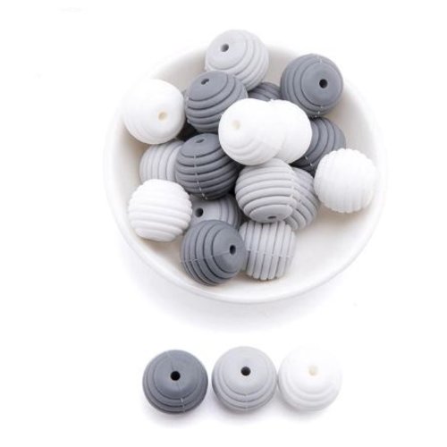 Lot de 3 perles filetées en silicones - 15 mm - tons gris