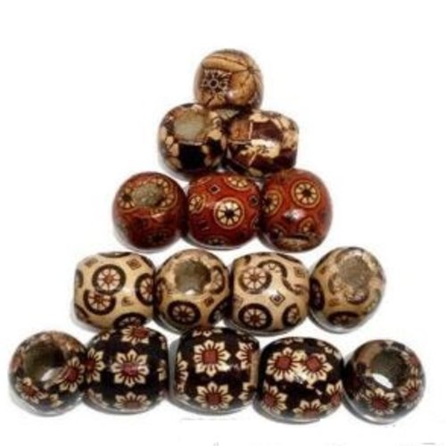 Lot de 10 perles en bois - forme tonneau - motif rétro - p520