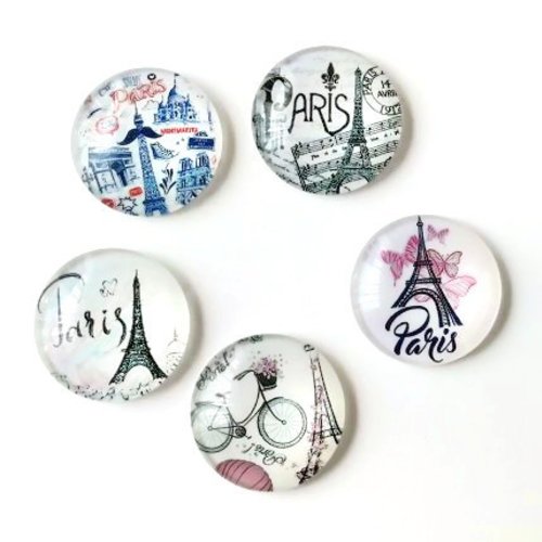 Lot de 5 cabochons en verre - 25 mm - paris - tour eiffel