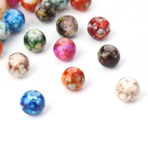 Lot de 50 perles rondes multicolores - acrylique - effets marbrés - 8 mm - p980