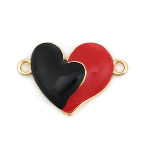 1 connecteur - breloque - cœur rouge et noir - métal couleur doré - r758
