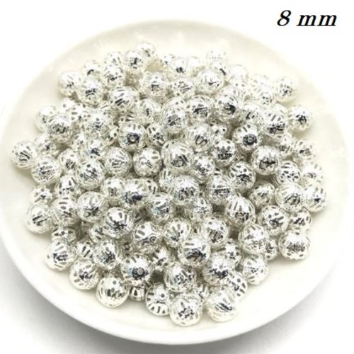 Lot de 10 perles métal filigrane - 8 mm - couleur argenté brillant - p120