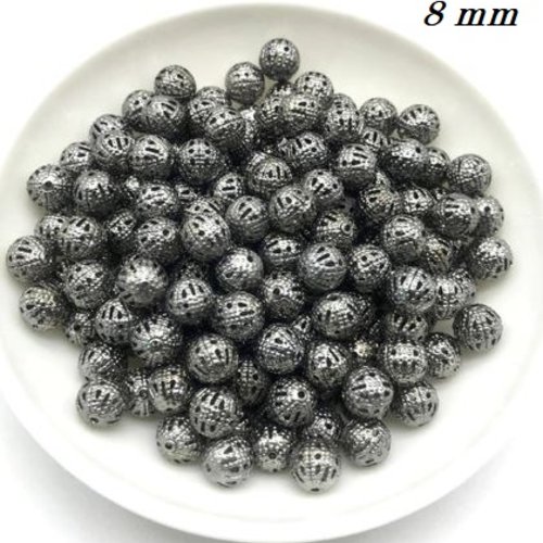 Lot de 10 perles métal filigrane - 8 mm - couleur argenté mat - p123