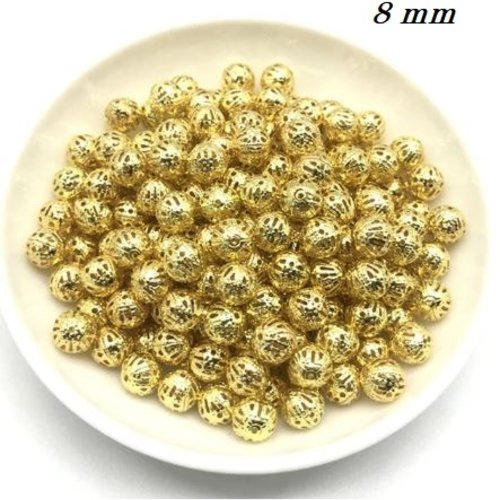Lot de 10 perles métal filigrane - 8 mm - couleur doré - p122