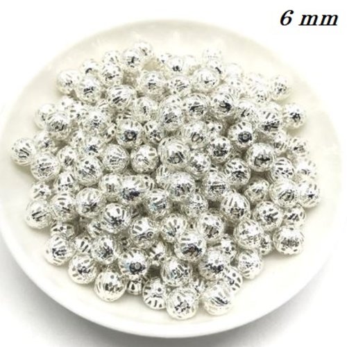 Lot de 10 perles métal filigrane - 6 mm - couleur argenté brillant - p100
