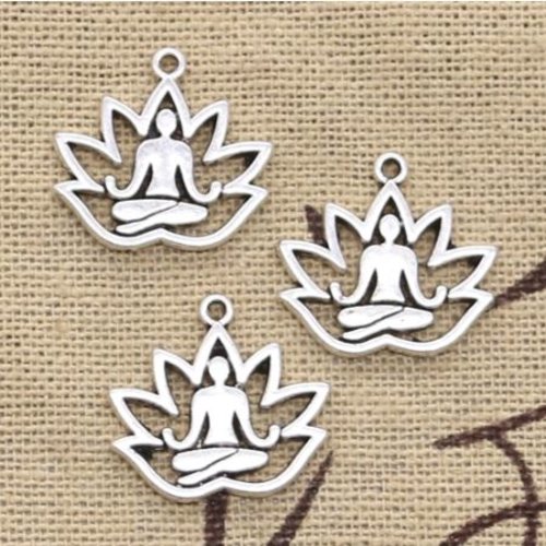 1 pendentif breloque fleurs de lotus - bouddha - couleur métal argenté
