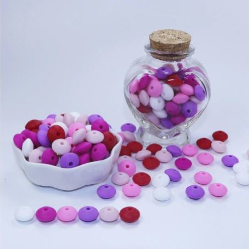 Lot de 10 perles lentilles en silicones - 12 x 7 mm - rouge - rose - fuchsia - violet - blanc - rose