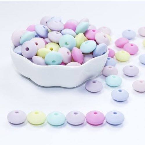 Lot de 10 perles lentilles en silicones - 12 x 7 mm - multicolore pastel