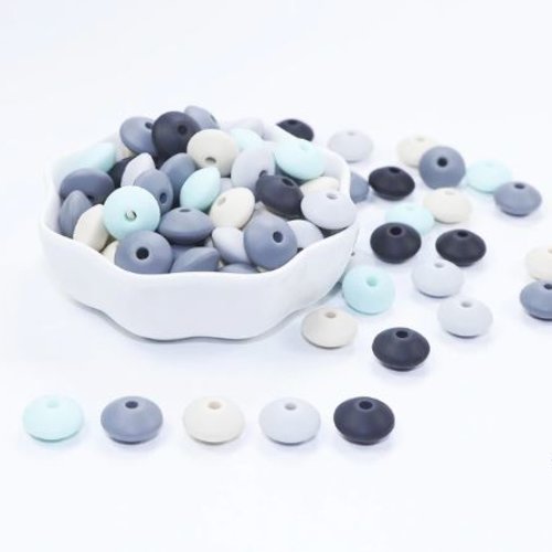 Lot de 10 perles lentilles en silicones - 12 x 7 mm - noir - gris - beige  vert