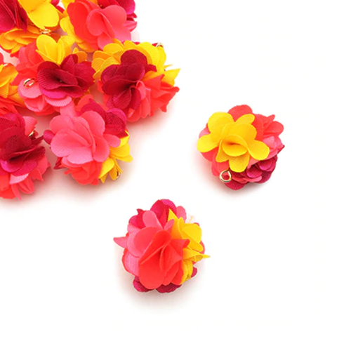 1 pendentif - breloque pompon fleurs - tons jaune - rose - fuchsia - r8409