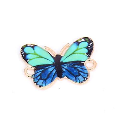 1 connecteur papillon - émaillé bleu et vert - métal couleur dorée