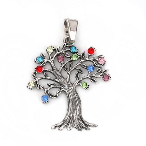 1 breloque - pendentif  arbre de vie - strass - métal couleur argenté