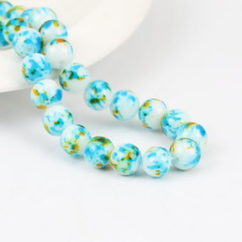 Lot de 10 perles en verre bleu et jaune  - 8 mm - p1355
