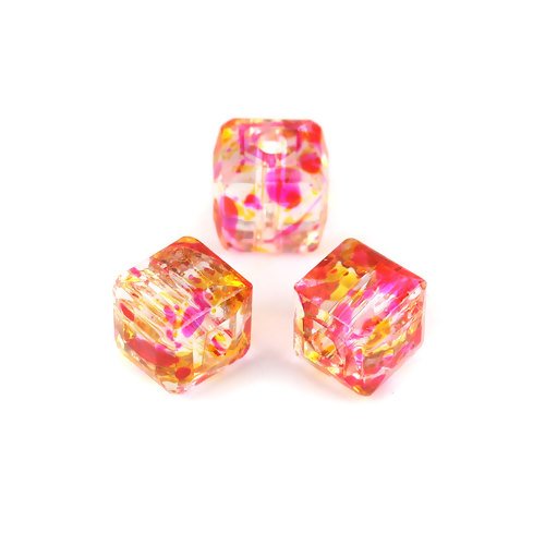 Lot de 10 perles en verre cube - fuchsia - jaune - 6 x 6 mm - p1600