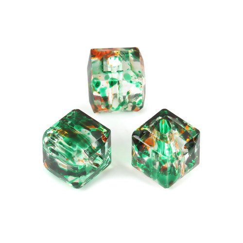Lot de 10 perles en verre cube - vert - orange - 6 x 6 mm - p3707