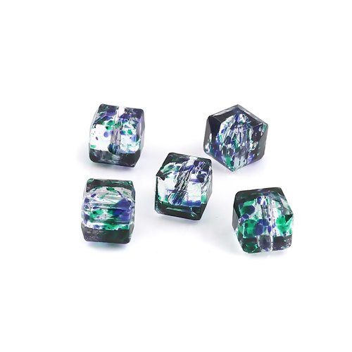 Lot de 10 perles en verre cube - vert - violet - 6 x 6 mm - p1602