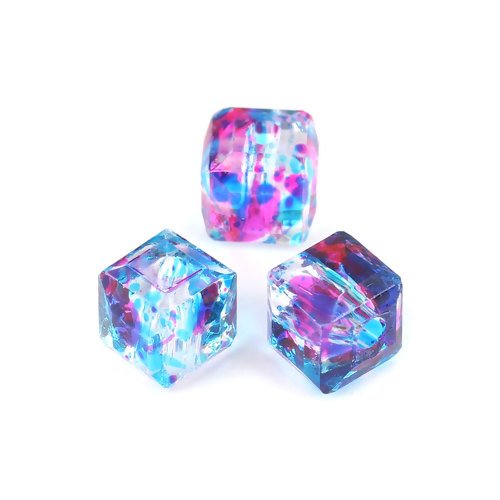 Lot de 10 perles en verre cube - bleu - fuchsia - 6 x 6 mm - p3704