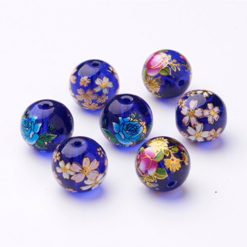 1 perle en verre peint bleu - fleurs - 13 mm - p1560