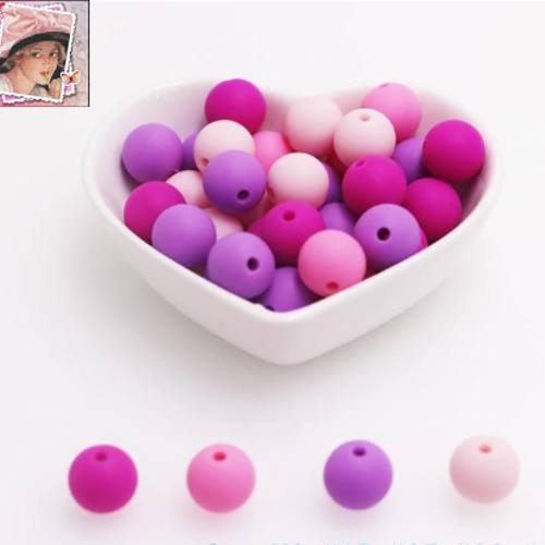 Lot de 10 perles en silicones - 12 mm - tons rose, fuchsia, lilas - r043