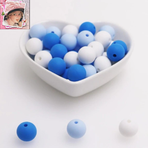 Lot de 10 perles en silicones - 12 mm - tons bleu- blanc