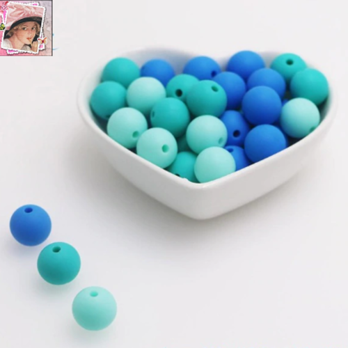 Lot de 10 perles en silicones - 12 mm - tons bleu - vert