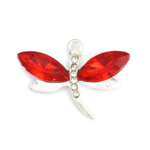 1 breloque libellule rouge- couleur métal argenté - r415