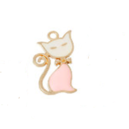 1 breloque - pendentif chat - émaillée rose et  blanc - métal doré