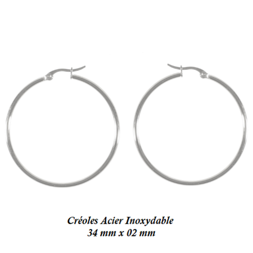 1 paire support boucles d'oreilles créoles acier inoxydable 304  - argenté - 34 x 02 mm