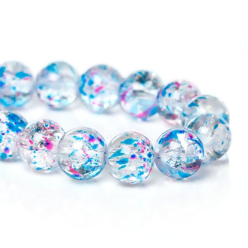 Perle en verre ronde transparente tachetée - lot de 10 - bleu et rose - p1371