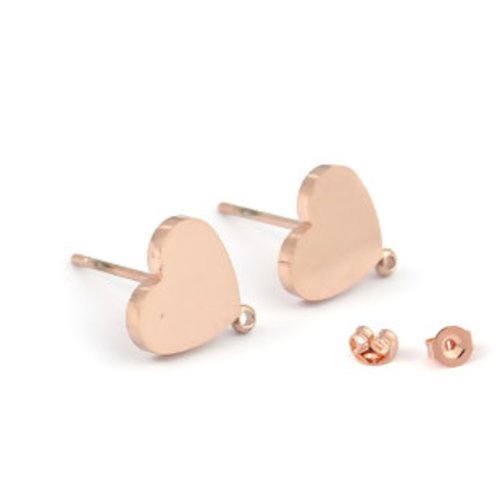 1 paire de boucles d'oreille puces - forme coeur en acier inoxydable 304 - couleur métal rose doré - 20  x 19 mm - r532