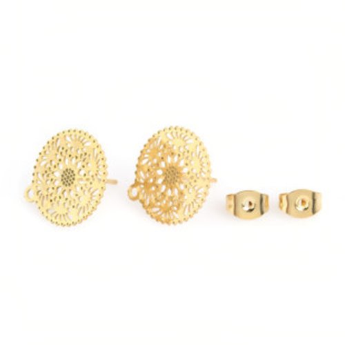 1 paire de boucles d'oreille puces - forme ronde fleurs en acier inoxydable 304 - couleur métal doré  -  r300