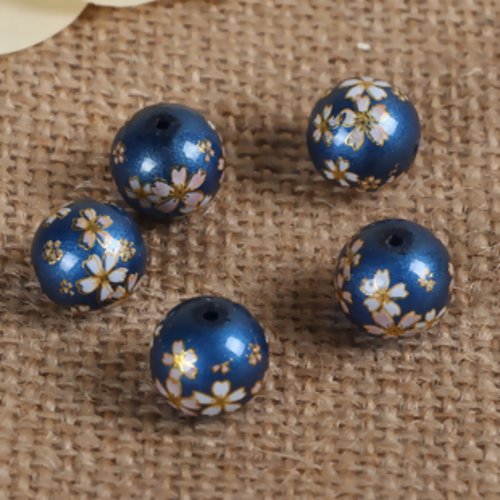 Perle en verre ronde peinture japonaise fleurs sakura - bleue - p9878