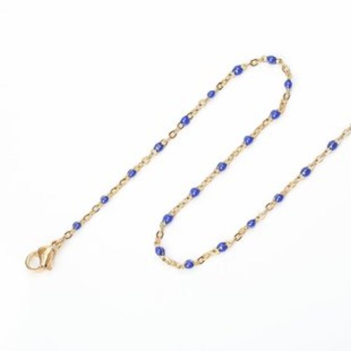 1 collier chaîne maille forçat - perle bleue - acier inoxydable -  couleur métal doré - 50 cm r120